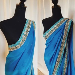 Blue Tied-Dyed With Gold Border Saree